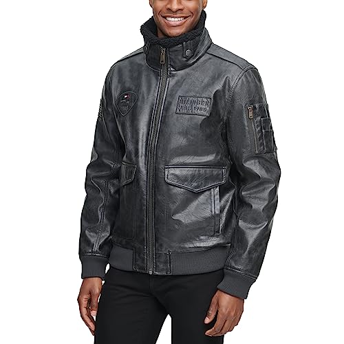 Tommy Hilfiger Men's Faux Leather Bomber Jacket, Black/Patches