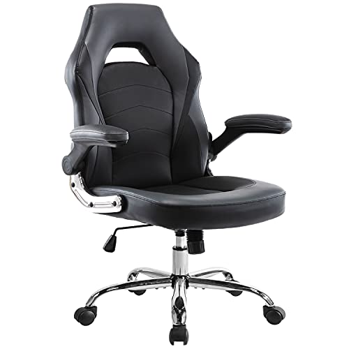 Office Chair, Gaming Chair Ergonomic Desk Chair Computer Chair PU Leather Executive Swivel Chair with Flip-up Armrests and Lumbar Support for Working, Studying, Gaming, Grey