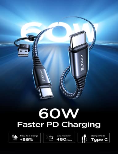 AINOPE USB C to USB C Cable [60W, 6FT] C to C Type Fast Charging Cable with Removable USB C to USB Adapter, Fast Charge USB C Cable for iPad Pro Air Galaxy