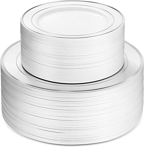 600 Piece Silver Dinnerware Set -100 Silver Rim 10 inch Plastic Plates 100 Silver Rim 7 Inch Plates -300 Silver Plastic Silverware -100 Silver Plastic Cups -100 Guest Disposable Silver Dinnerware Set