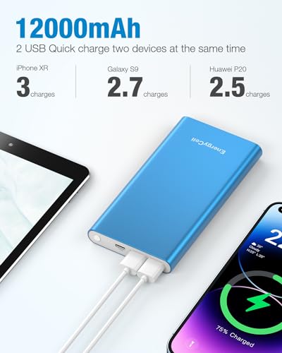 EnergyCell Pilot 4GS Portable Charger,12000mAh Fast Charging Power Bank Dual 3A High-Speed Output Battery Pack Compatible with iPhone 12 11 X Samsung S10 and More - Blue