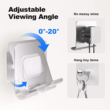 NA Wall Mount Phone Holder Adjustable Shower iPad Holder with 2Pcs Metal Adhesive Sticker, Aluminum Shower Phone Holder Compatible with Universal Cell Phone Tablet for Bathroom Kitchen Office Dorm