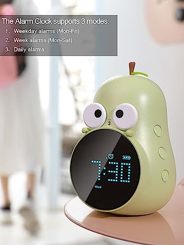 Alarm Clock for Kids: Cute Pear Design, Snooze, Triple Alarms, 5 Ringtones- Premium Digital Wake Up Clock for Children's Bedrooms - Rechargeable