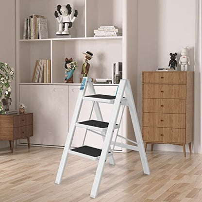 3 Step Ladder, SPIEEK Folding Step Stool with Wide Anti-Slip Thickened Pedal, Foldable Ladder 330 Lbs Capacity, Kitchen Step Stool for Adults, Lightweight Folding Ladder, White