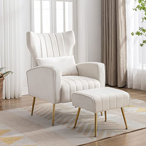 DM Furniture Accent Chair with Ottoman Velvet Modern Wingback Club Chair Upholstered Reading Armchair with Gold Metal Legs for Living Room/Bedroom, Cream