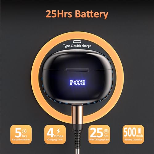 AMINY U-pro Wireless Headphones Bluetooth Earbuds 25 Hrs Playtime Charging Case LED Digital Display,IPX6 Waterproof Tiny Ear Buds Wireless Bluetooth Earbuds for Smartphone Laptop