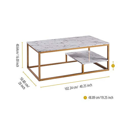 Teamson Home Marmo Faux Marble Modern Rectangle Coffee End Table with Storage Shelf and Easy-Clean Surface for Living and Dining Room Home Office, 16 Inch Height, Brass