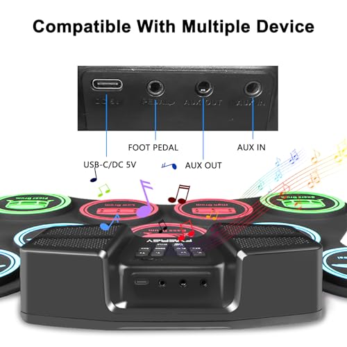 FVEREY Electric Drum Set, 9 Drum Practice Pads, Roll Up Drum Kit, Portable Digital Drum Machine with Headphone Jack, Built-in Speaker, Drum Sticks, Pedals, Christmas Birthday Gift for Beginner, Kids