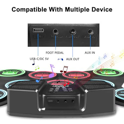 FVEREY Electric Drum Set, 9 Drum Practice Pads, Roll Up Drum Kit, Portable Digital Drum Machine with Headphone Jack, Built-in Speaker, Drum Sticks, Pedals, Christmas Birthday Gift for Beginner, Kids