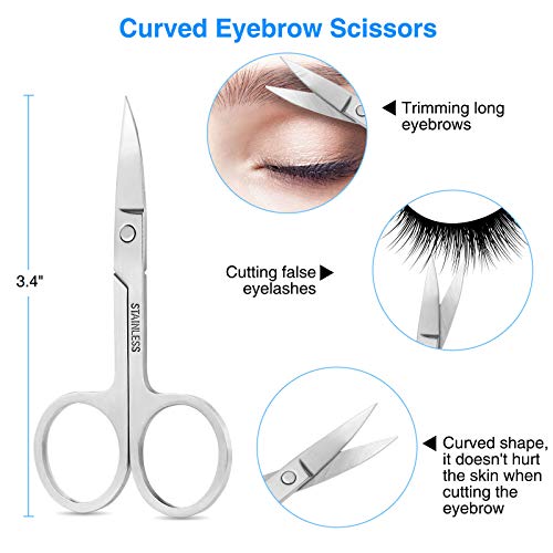 Tweezers Set, 4Pcs Eyebrows Tweezers and a Pair of Scissor with Leather Case, Great Precision for Eyebrow, Ingrown Hair, Splinter, Facial Hair Removal By HAWATOUR, Silver