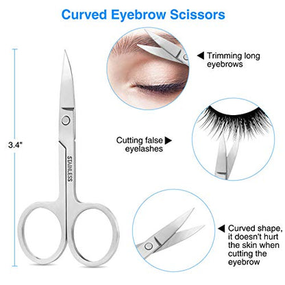 Tweezers Set, 4Pcs Eyebrows Tweezers and a Pair of Scissor with Leather Case, Great Precision for Eyebrow, Ingrown Hair, Splinter, Facial Hair Removal By HAWATOUR, Silver