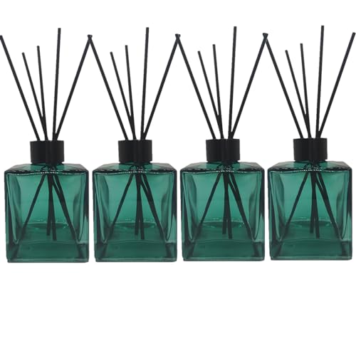 Perfume Reed Diffuser Bottle,Set of 4,Empty Square Essential Oil Bottles Glass Jar with Black Sticks For DIY Fragrance Replacement Diffuser Sets (200ml/6.7oz, Blue)