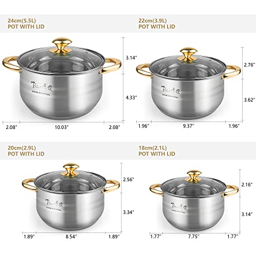 BAERFO Silver Pots and Pans Set with lids-8 Piece Luxe Silver 304 Stainless Steel Cookware Set PFOA Free Non Toxic,Induction Safe Cooking Pot