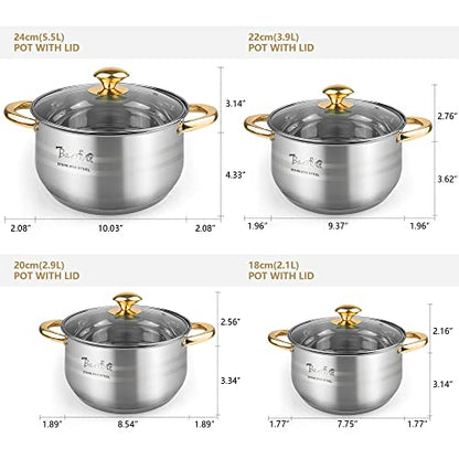 BAERFO Silver Pots and Pans Set with lids-8 Piece Luxe Silver 304 Stainless Steel Cookware Set PFOA Free Non Toxic,Induction Safe Cooking Pot