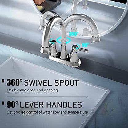 Bathroom Faucets for Sink, Gomylifer Bathroom Sink Faucet 2 Handle，4 Inch Centerset Sink Faucet with Pop Up Drain and Supply Hoses,Stainless Steel 360 Swivel Spout, Lead-Free, Brushed Nickel