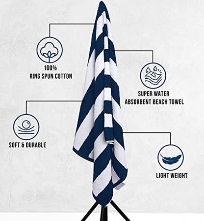 Utopia Towels [4 Pack Cabana Stripe Beach Towel, (30 x 60 Inches) Oversized 100% Ring Spun Cotton Pool Towels, Highly Absorbent Quick Dry Bath Towels for Bathroom, and Swim Towel (Navy)