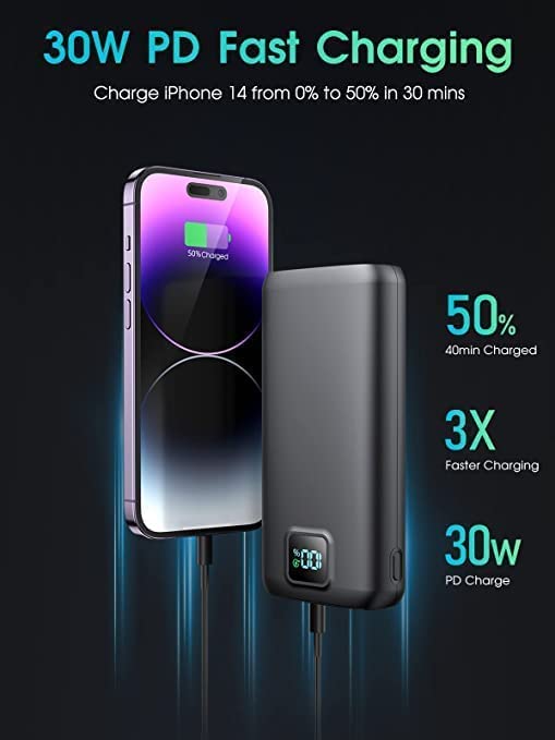 Portable-Charger-Power-Bank - 40000mAh Power Bank PD 30W and QC 4.0 Quick Charging Built-in Bright flashlight LED Display 2 USB 1Type-C Output for Most Electronic Devices on The Market(Carbon Black)