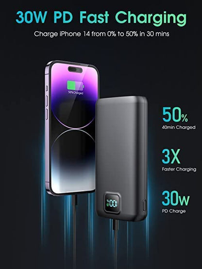 Portable-Charger-Power-Bank - 40000mAh Power Bank PD 30W and QC 4.0 Quick Charging Built-in Bright flashlight LED Display 2 USB 1Type-C Output for Most Electronic Devices on The Market(Carbon Black)