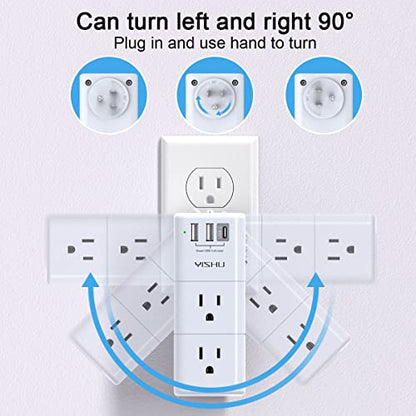 USB Multi Plug Outlet Extender - YISHU Surge Protector with Rotating Plug, 6 AC Plug Extender with 3 USB Ports, 3-Sided Swivel Power Strip with Spaced Outlet Splitter for Home, Office, Travel