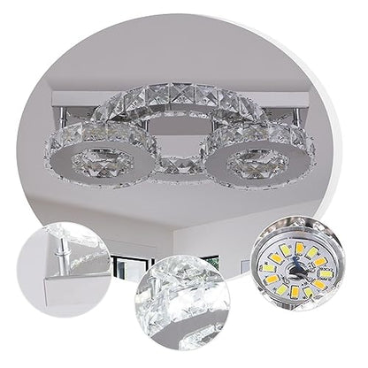 Zenouidle Dimmable Crystal Chandelier Modern Crystal Ceiling Light 3 Rings LED Flush Mount Celiling Light Fixture for Dining Room Bedroom Living Room