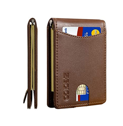 ZECICO Wallet Bifold leather Minimalist Slim: Mens Wallet with Bill Pocket RFID Blocking Bifold Front Pocket Wallet for Men with ID Window Gift Box (X-Clip Brown)