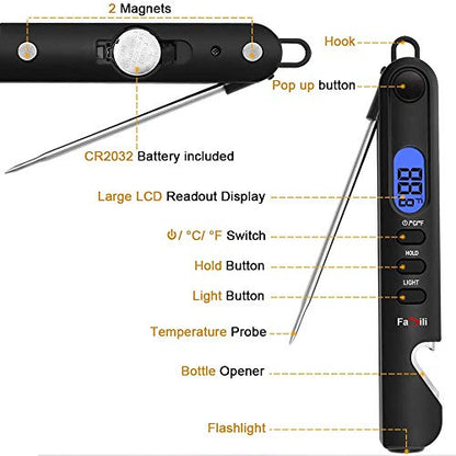 Famili Instant Read Meat Thermometer for Cooking and Grilling, Kitchen Gadgets, Ultra Fast Thermometer with Backlight, Magnet, Calibration, and Foldable Probe for Kitchen, Outdoor Grilling and BBQ