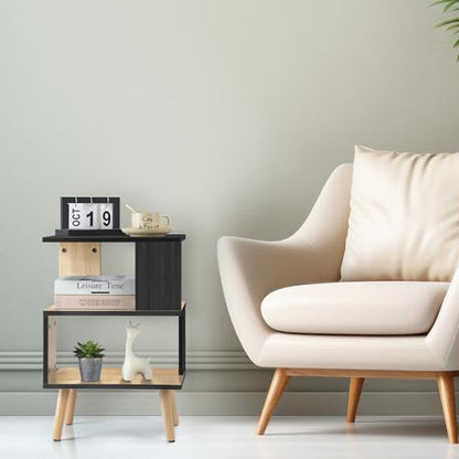 MOOACE Minimalist 3-Tier Wood Side Table for Small Spaces with Open Storage - Small Black End Table for Living Room - Modern Black Nightstand Bedside Table for Bedroom