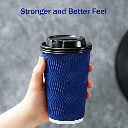 Disposable Coffee Cups with Lids and Straws - 16 oz (90 Set) Togo Hot Paper Coffee Cup with Lid To Go for Beverages Espresso Tea Insulated Reusable Cold Drinks Ripple Cups Protect Fingers From Heat!