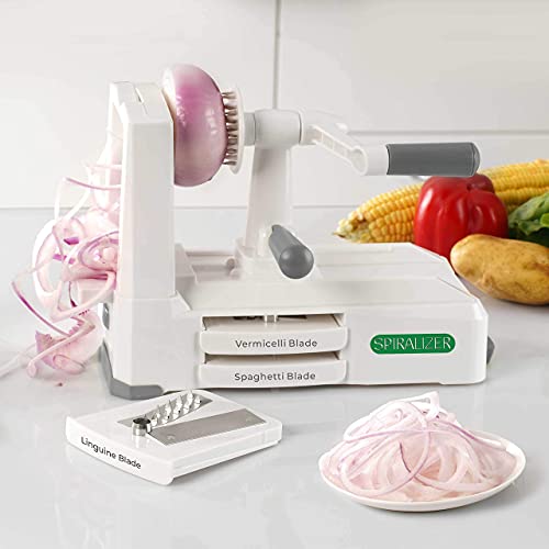 Spiralizer Ultimate 10 Strongest-and-Heaviest Duty Vegetable Slicer Best Veggie Pasta Spaghetti Maker for Keto/Paleo/Gluten-Free, With Extra Blade Caddy & 4 Recipe Ebook White