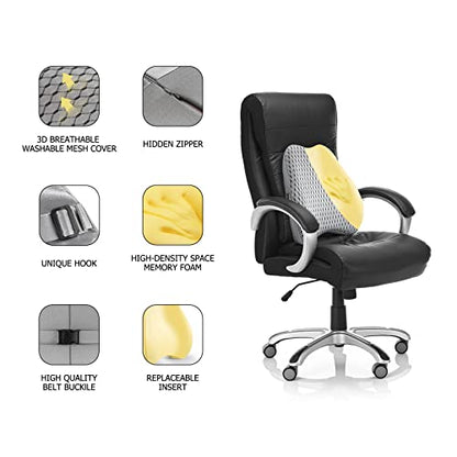 Bipintip Large Lumbar Support Pillow for Office Chair with Adjustable Strap and Washable Cover - Memory Foam Back Support for Back Pain Relief,Improve Posture,Desk Chair,Couch(Gray)