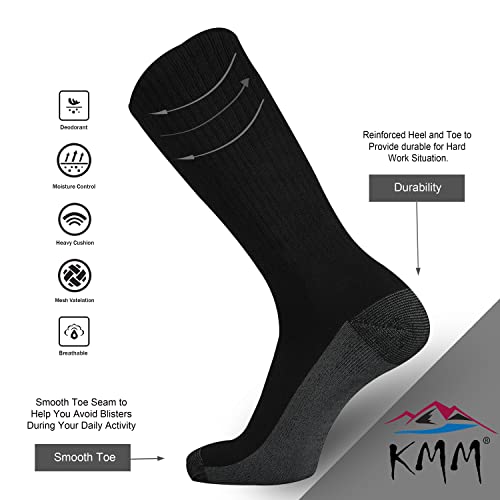 KMM Men's Cotton Full Thick Cushion Crew Socks Moisture Control Heavy Duty Work Western Boot Warm Thermal Anti Sweat Blisters(Black+Grey L)