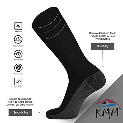 KMM Men's Cotton Full Thick Cushion Crew Socks Moisture Control Heavy Duty Work Western Boot Warm Thermal Anti Sweat Blisters(Black+Grey L)