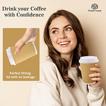 UPDATE: ALIVE AGAIN! PALERMOS [12 oz-100 Pack Disposable Coffee Cups with Lids 12 Oz- To Go Coffee Paper Cups with Lids & Stirrers - Hot/Cold Paper Coffee Cups for Drinks, Tea, Coffee -Hot Cups for Shops, Cafes, Home