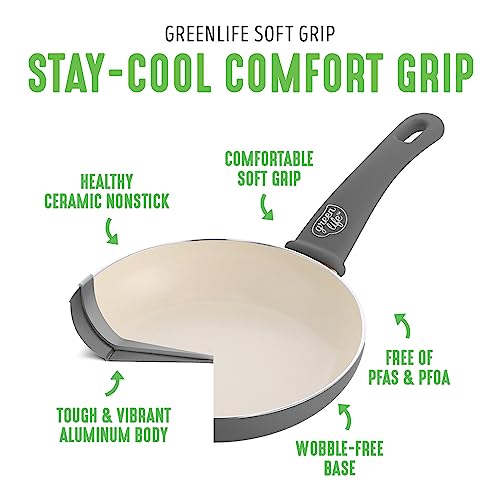 GreenLife Soft Grip Healthy Ceramic Nonstick 16 Piece Kitchen Cookware Pots and Frying Sauce Saute Pans Set, PFAS-Free with Kitchen Utensils and Lid, Dishwasher Safe, Quartz Gray