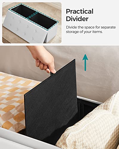 SONGMICS 43 Inches Folding Storage Ottoman Bench, Storage Chest, Footrest, Coffee Table, Padded Seat, Faux Leather, Holds up to 660 lb, White ULSF702