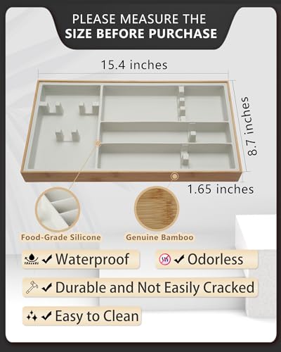 Hitseon Silverware Drawer Organizer, 4 Slots Silicone Natural Bamboo Utensil Organizer for Kitchen Drawer Countertop, Durable Sturdy Silverware Tray with Grooves for Kids Adults Flatware (Gray)