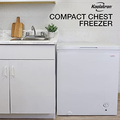 Koolatron Compact Chest Freezer, 5.0 cu ft (155L), White, Manual Defrost Deep Freeze, Storage Basket, Space-Saving Flat Back, Stay-Open Lid, Front-Access Defrost Drain, for Apartment, Condo, Cottage