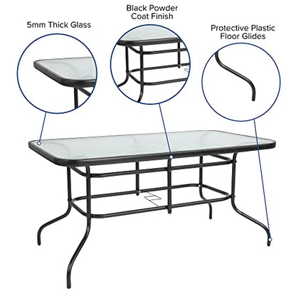 Flash Furniture Brazos 7 Piece Outdoor Patio Dining Set - 6 Gray Flex Comfort Stack Chairs - 55" Tempered Glass Patio Table with Umbrella Hole