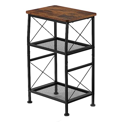 ruboka 3-Tier Small End Tables,Narrow Side Table with Steel Grid Storage Shelves,Slim Nightstand X-Design Sofa Side Table Small Bookshelf Bookcase,Display Rack for Living Room,Bedroom,Rustic Brown