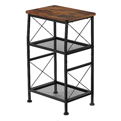 ruboka 3-Tier Small End Tables,Narrow Side Table with Steel Grid Storage Shelves,Slim Nightstand X-Design Sofa Side Table Small Bookshelf Bookcase,Display Rack for Living Room,Bedroom,Rustic Brown