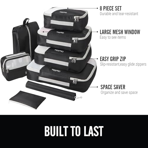 OlarHike 8 Set Packing Cubes, 4 Various Sizes(Extra Large,Large,Medium,Small), Luggage Organizer Bags for Travel Accessories Travel Essentials, Travel Cubes for Carry on Suitcases (Black)