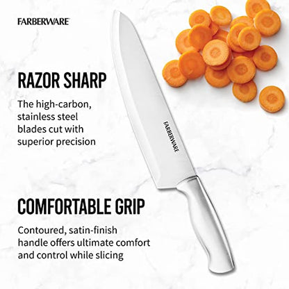 Farberware 5152497 15-Piece High-Carbon Stamped Stainless Steel Kitchen Knife Set with Wood Block, Steak Knives, Razor-Sharp, Black