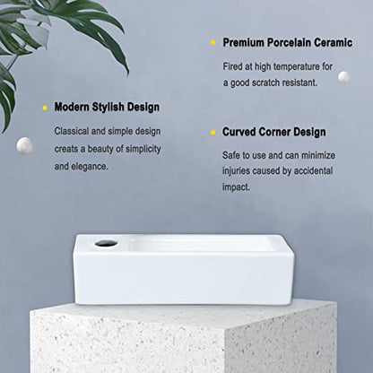 bathivy 15"x7.5" Wall Mount Corner Bathroom Sink with Pop-up Drain & Installation Kits, Rectangular White Ceramic Vessel Sink, Wall Hung Mini Floating Sink, Small Corner Sink for Bathrooms (Left Hand)