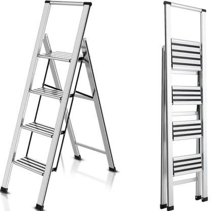 4 Step Ladder 4 Step Folding Step Stool with Handrails Wide Work Platform, Aluminum A Frame Ladder, 7KG Portable Ladder, Lightweight Ladder for Kitchen Home Work Library House Indoor