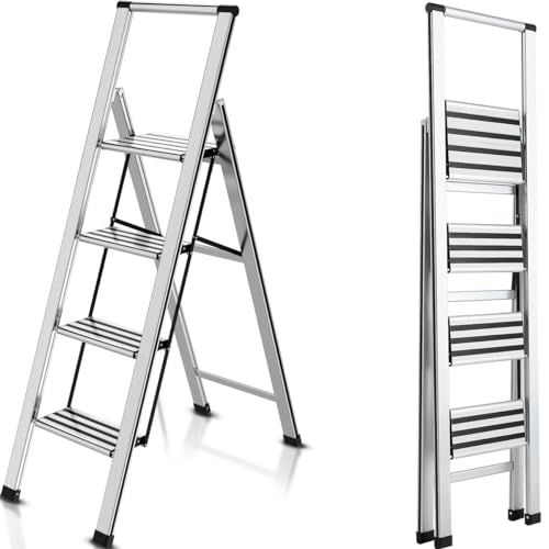 4 Step Ladder 4 Step Folding Step Stool with Handrails Wide Work Platform, Aluminum A Frame Ladder, 7KG Portable Ladder, Lightweight Ladder for Kitchen Home Work Library House Indoor