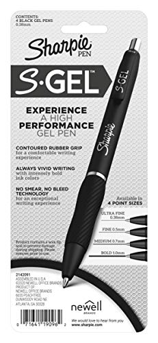 SHARPIE S-Gel, Gel Pens, Ultra Fine Point (0.38mm), Black, 4 Count