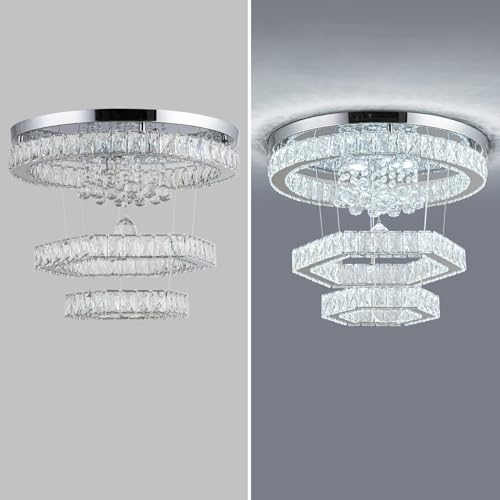 Zswanbei 19.6" Crystal LED Chandelier Pendant Light Fixture Stainless Steel 3 Ring Modern Ceiling Lamps for Living Room Dining Room Bedroom (Cool White)