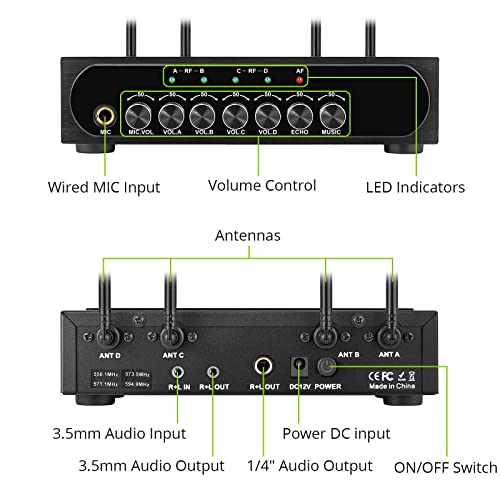 LiNKFOR Portable UHF 4 Channel Wireless Microphone System with Four Handheld Wireless Microphone, Bluetooth Wireless Connection for Mobliephones, 50 * 4 Frequencies, with Echo, AUX Input & Output