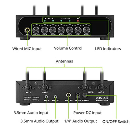 LiNKFOR Portable UHF 4 Channel Wireless Microphone System with Four Handheld Wireless Microphone, Bluetooth Wireless Connection for Mobliephones, 50 * 4 Frequencies, with Echo, AUX Input & Output