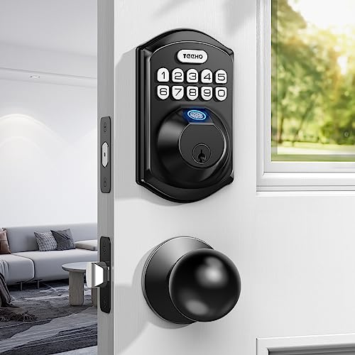 TEEHO TE002K Fingerprint Door Lock Set - Keyless Entry Door Lock with Handle - Door Knob with Keypad Deadbolt - Smart Locks for Front Door - Auto Lock - No Need App - Easy Installation - Matte Black
